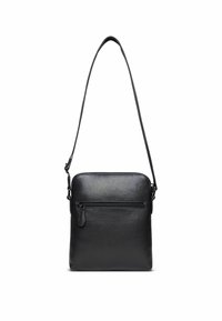 Borsa a tracolla nera in pelle con finitura testurizzata, dotata di chiusura con zip superiore e tasca anteriore con zip. Design semplice con tracolla regolabile.