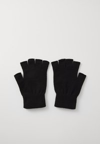 Black, fingerless gloves made of knit material, featuring ribbed cuffs and an open design for ease of movement and grip.