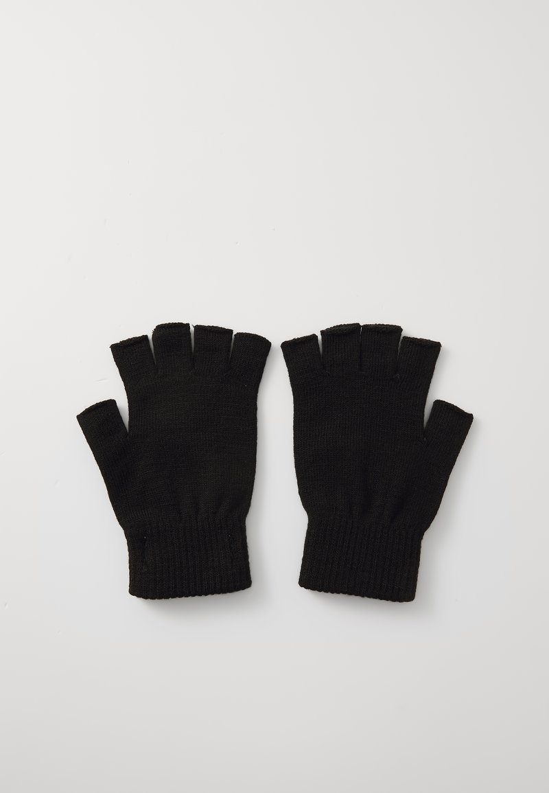 Black, fingerless gloves made of knit material, featuring ribbed cuffs and an open design for ease of movement and grip.