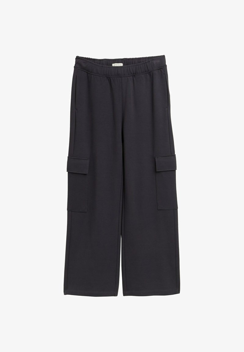 Tmavošedé cargo nohavice so širokým strihom, elastickým pásom, dvoma bočnými vreckami a dvoma vreckami s klopou na stehnách. Hladká textúra.