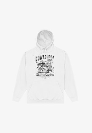 Witte hoodie met zwarte cartoonafbeelding van een busje bestuurd door Teenage Mutant Ninja Turtles, tekst "COWABUNGA," "TMNT," en "Powered by Pizza."