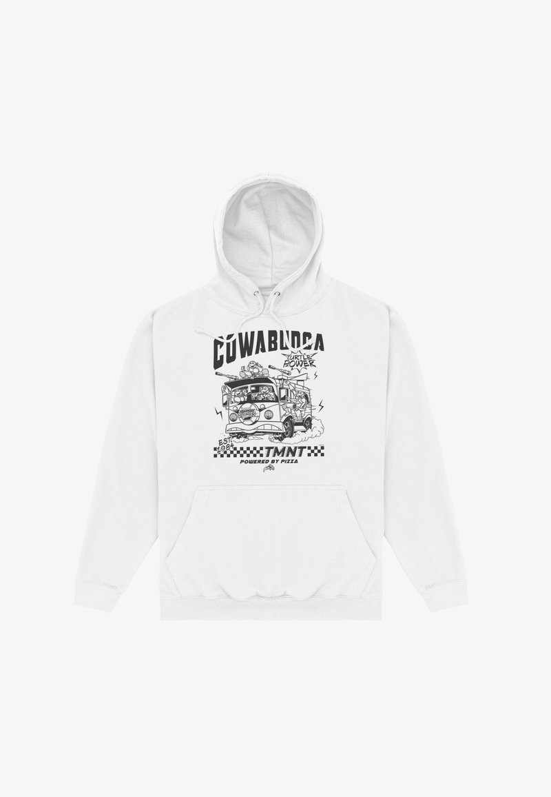 Sweat à capuche blanc avec un motif cartoon noir d'une camionnette conduite par les Tortues Ninja, texte "COWABUNGA", "TMNT" et "Powered by Pizza".