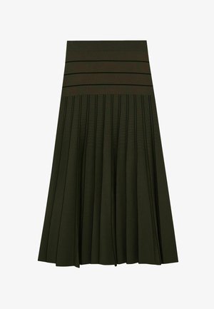 Sötétzöld, hajtogatott midi szoknya széles elasztikus derékrésszel és három vékony fekete vízszintes csíkkal a tetejénél.