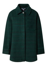 Groene geruite jas met knoopsluiting, kraag, lange mouwen en één opgestikte zak op de linkerborst. Gemaakt van een textuur met een wolmix.