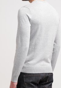 Maglione grigio a maglia con maniche lunghe, collo rotondo e polsini e orlo a coste, abbinato a jeans di denim scuri. Texture liscia, design minimale.