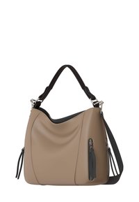 Beige Lederhandtasche mit einem lässigen Design, schwarzem verstellbarem Schulterriemen, silberfarbener Hardware und einer äußeren Reißverschlusstasche auf einer Seite.