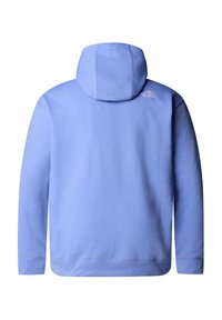 Sweatshirt à capuche bleu clair avec des manches longues, une texture douce et un petit logo dans le haut du dos près de l'encolure.