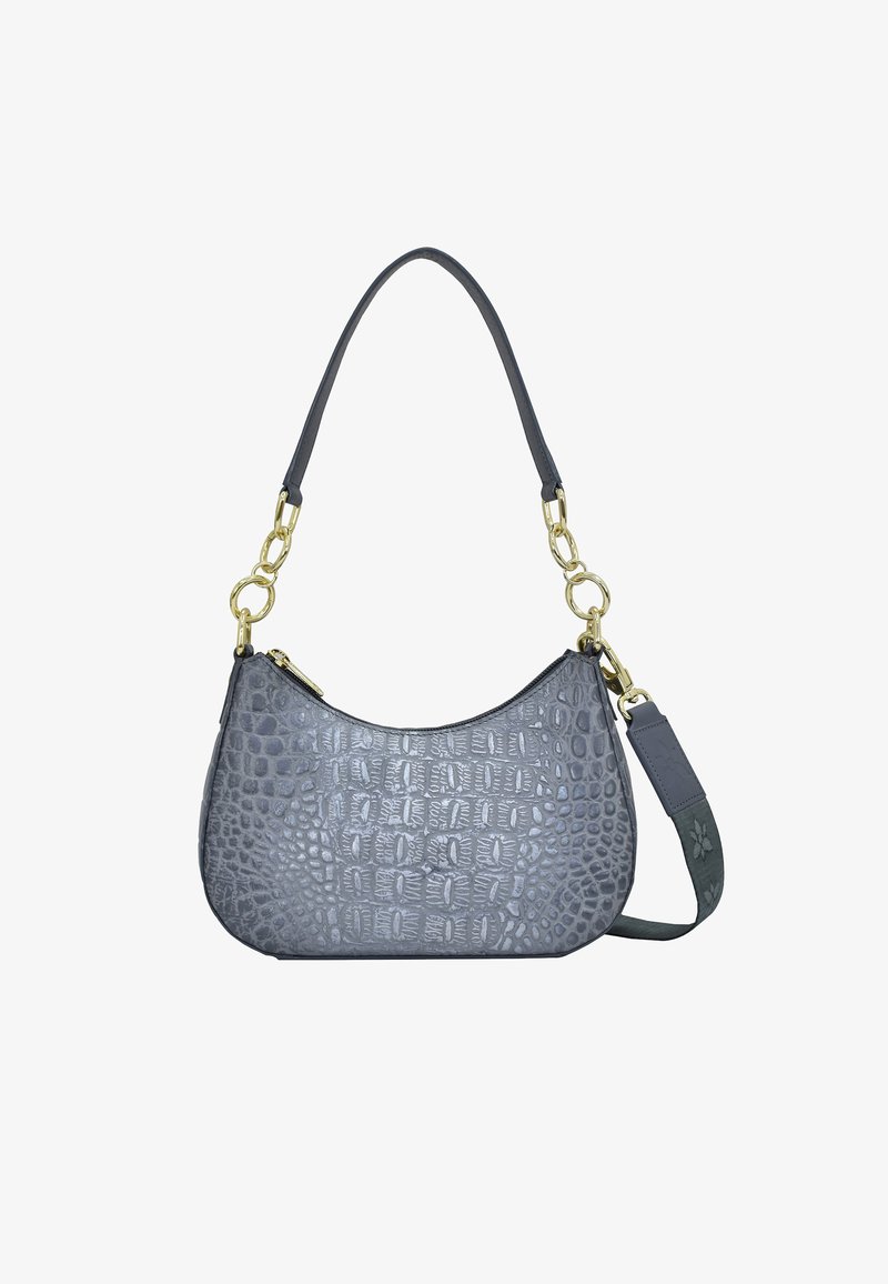 Grau krokodilmuster Handtasche mit geschwungener Form, goldenen Hardware-Details und einem zweifarbigen Tragegurt; verfügt über eine glatte Textur mit detaillierten Mustern.