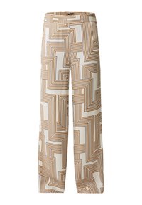 Pantaloni a gamba larga su uno sfondo chiaro con un motivo geometrico di linee marroni. Il tessuto appare liscio con una consistenza morbida.