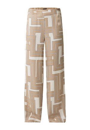 Pantalons à jambes larges sur un fond clair présentant un motif géométrique de lignes brunes. Le tissu semble lisse avec une texture douce.