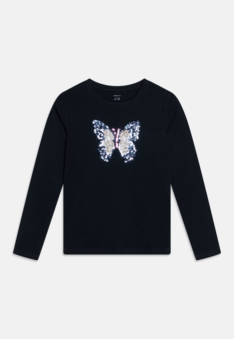 Svart långärmad tröja med ett sommarfagelmotiv i paljetter i silver, vitt och rosa. Mjuk tyg med rund halsringning.