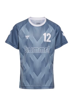 Blåt sports jersey med hvidt lodret chevronmønster, hvidt nummer 12, "hummel"-logo og korte ærmer med hvide chevrondetaljer.