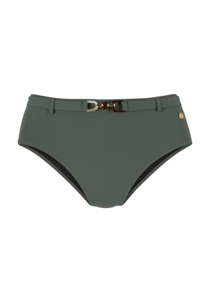 Culotte bikini a vita alta in verde oliva, realizzata in tessuto liscio, con un dettaglio in fibbia dorata e marrone in vita.