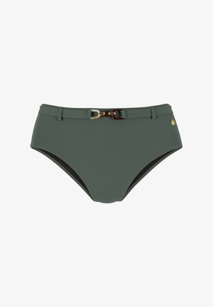 Olive rohelises toonis kõrge vöökoht bikini alusosa, valmistatud siledast kangast, millel on kuldne ja pruun pandla detail vöökoha juures.