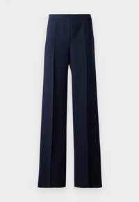 Wide-leg trousers in dark navy fabric, featuring a smooth texture, subtle front pleats, and a fitted waistband for a streamlined silhouette.