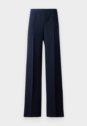 Wide-leg trousers in dark navy fabric, featuring a smooth texture, subtle front pleats, and a fitted waistband for a streamlined silhouette.