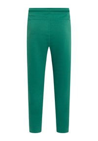 Zielone, dopasowane legginsy z wysokim stanem, z przeszyciami wzdłuż talii i wewnętrznych stron nóg, wykonane z gładkiego, elastycznego materiału.