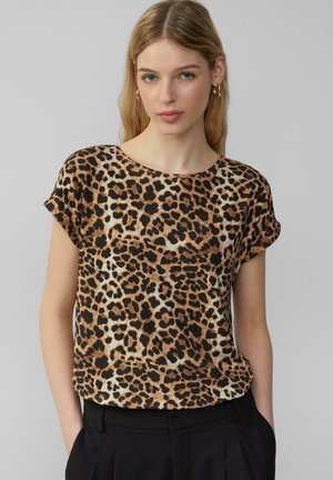 Leopardenmuster-Bluse mit kurzen Ärmeln, Rundhalsausschnitt, weichem Material und einer Farbpalette aus Braun, Schwarz und Creme. Geeignet für die Freizeit.