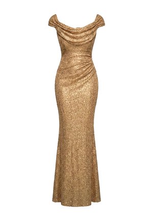 Goddiva, CAP SLEEVE IRIDESCENT SEQUIN COWL MAXI DRESS - Galajurk - gold