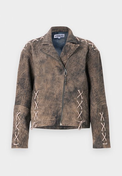 Brown faux leather jacket with a distressed finish, asymmetrical zipper, and lacing details on the sleeves, adding texture and visual interest.