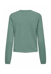 Pull-over à manches longues de couleur verte douce, en tissu texturé, avec un col arrondi et un ourlet légèrement raccourci.