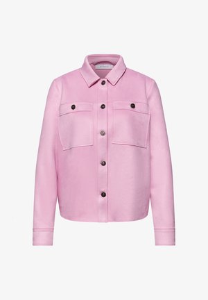 Roze overhemd met lange mouwen, knopen, twee borstzakken en zwarte knopen, voorzien van een klassieke kraag en rechte zoom.