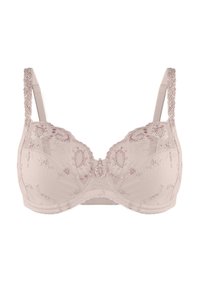 Sostenitore beige con ricamo floreale in rosa e bianco. Presenta ferretto, spalline regolabili e un design in pizzo testurizzato sulla fascia.