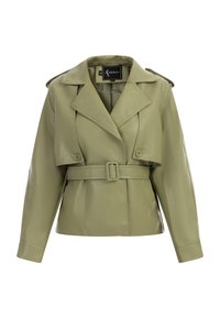 Giacca in ecopelle verde oliva con vita regolabile, ampi rever e bottoni doppi sul davanti. Presenta un design cropped e spalline.
