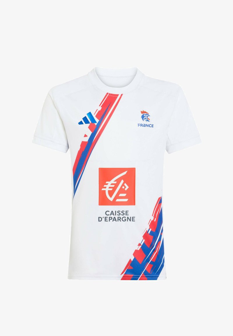 Maillot de sport blanc de l'équipe de France avec des rayures diagonales rouges et bleues, logo du coq français, logo Adidas et sponsor Caisse d'Épargne sur le devant.