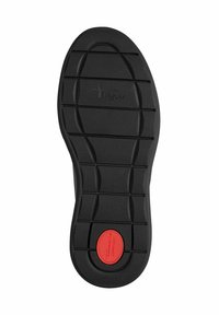 Suola di sneaker nera con una superficie texture, un motivo battistrada segmentato e un accento rosso con la scritta "Comfort".