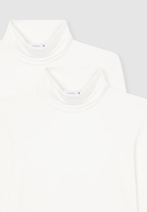 Maglioni a collo alto bianchi con texture liscia. Presentano un design aderente e un colletto morbido. L'etichetta mostra il marchio "Terranova" e la taglia "S".