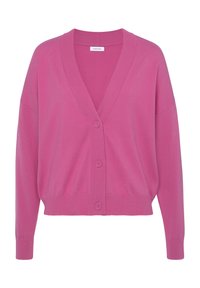 Roza kardigan z V-izrezom, dolgimi rokavi in ribastimi manšetami. Ima sprednje zapiranje na gumbe in sproščen kroj. Narejen je iz mehkega pletenega materiala.
