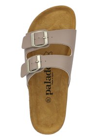 Sandalo con soletta in sughero marrone, dotato di due cinturini regolabili in sintetico beige chiaro e fibbie in metallo argentato. Logo stampato sulla soletta.
