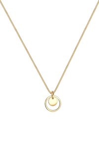 Collier en or avec une chaîne délicate et deux pendentifs interconnectés : un cercle ouvert plus grand et un cercle plein plus petit.