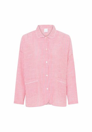 Roza in bela s trakovi navpična srajca z dolgimi rokavi, gumbi, ovratnikom in dvema sprednjima žepoma, prikazana na belem ozadju.