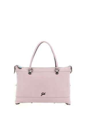 Borsa a mano in pelle rosa chiaro con due manici, ferrature argentate, chiusura con cerniera e piccolo logo nero al centro della parte anteriore.