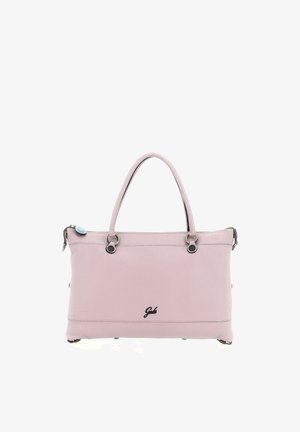 Borsa a mano in pelle rosa chiaro con due manici, ferrature argentate, chiusura con cerniera e piccolo logo nero al centro della parte anteriore.