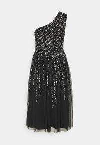 Robe midi noire à une épaule avec jupe en tulle superposée, décorée de sequins argentés éparpillés sur le corsage et la partie supérieure de la jupe.