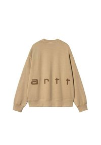 Sudadera beige con hombros caídos y puños acanalados. Gran logotipo "arttt" impreso en marrón en la parte posterior. Textura de tela suave.
