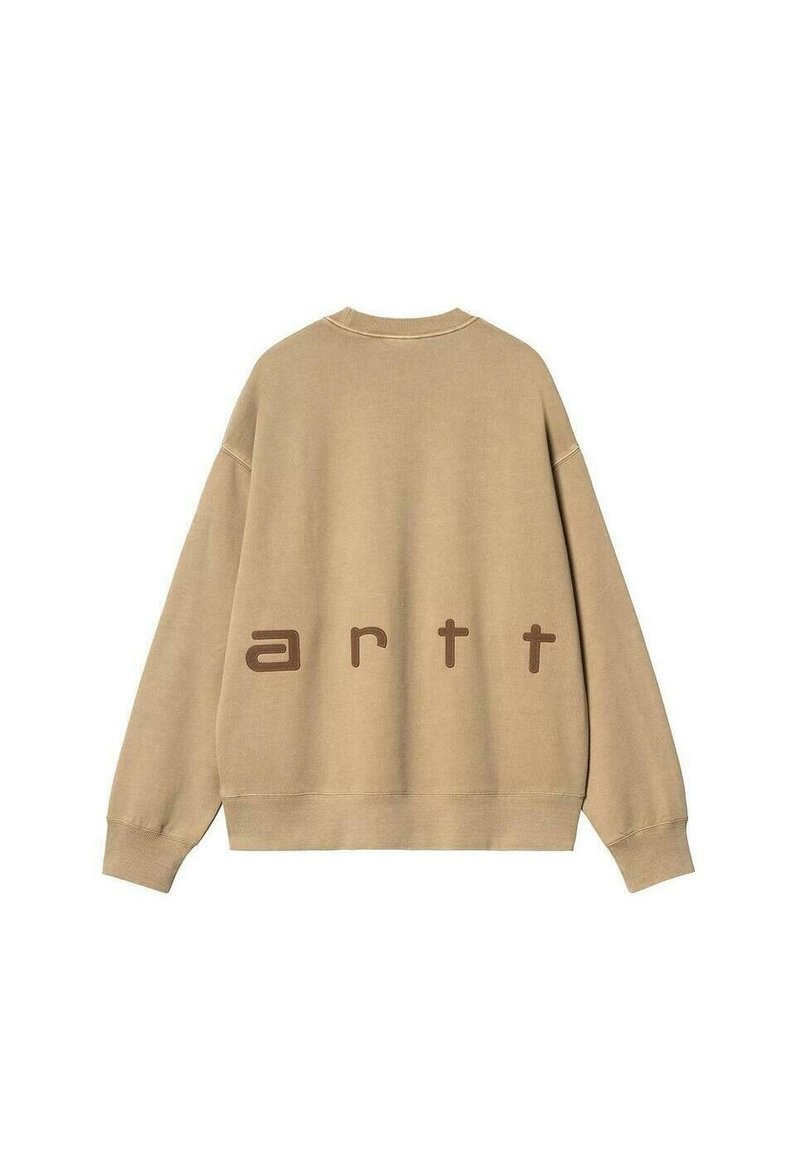 Sweatshirt beige avec épaules tombantes et poignets côtelés. Grand logo "arttt" imprimé en marron au dos. Texture de tissu douce.