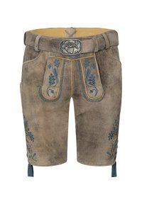 Lederhosen in Hellgrau mit blauen Blumenstickereien. Ausgestattet mit einem Gürtel, Fronttaschen und seitlichen Bändern am Saum. Glatte Textur.