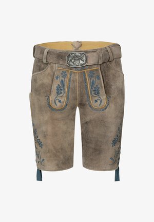 Leren shorts in lichtgrijs met blauwe bloemenborduursels. Voorzien van een riem, voorkanten met zakken en zijkanten met strikjes aan de zoom. Glad textuur.