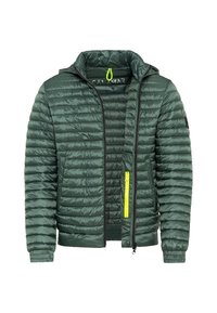 Green puffer jacket with a quilted design, featuring a zip closure, high collar, and a bright yellow accent pocket on the front.