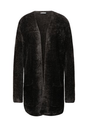 Cardigan nero, fuzzy, lungo con apertura frontale, maniche lunghe e due tasche anteriori; texture morbida e vestibilità rilassata.