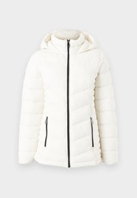 Λευκό μπουφάν με επένδυση, φερμουάρ στο μπροστινό μέρος, κουκούλα και πλαϊνές τσέπες με φερμουάρ. Διαθέτει σχέδιο καπιτονέ και αντιθετικά μαύρα φερμουάρ.