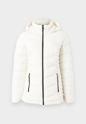 Λευκό μπουφάν με επένδυση, φερμουάρ στο μπροστινό μέρος, κουκούλα και πλαϊνές τσέπες με φερμουάρ. Διαθέτει σχέδιο καπιτονέ και αντιθετικά μαύρα φερμουάρ.