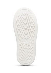 Suola di sneaker in gomma bianca con motivi a onda, logo centrale "N" e accenti circolari. Presenta una superficie liscia e bordi arrotondati.
