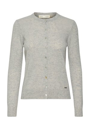 Hellgrauer Cardigan aus strukturiertem Stoff, mit rundem Halsausschnitt, langen Ärmeln und Knopfverschluss mit unterschiedlich gefärbten Knöpfen.