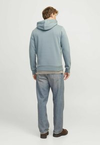 Felpa con cappuccio in morbido tessuto azzurro chiaro con polsini e orlo a coste, indossata con una camicia grigia a strati e jeans azzurri chiari dal taglio morbido.