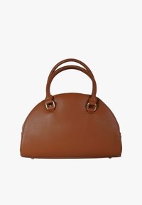 Borsa a mano in pelle marrone dalla forma arrotondata, con doppi manici e dettagli in metallo color oro. Esterno strutturato con finitura liscia.